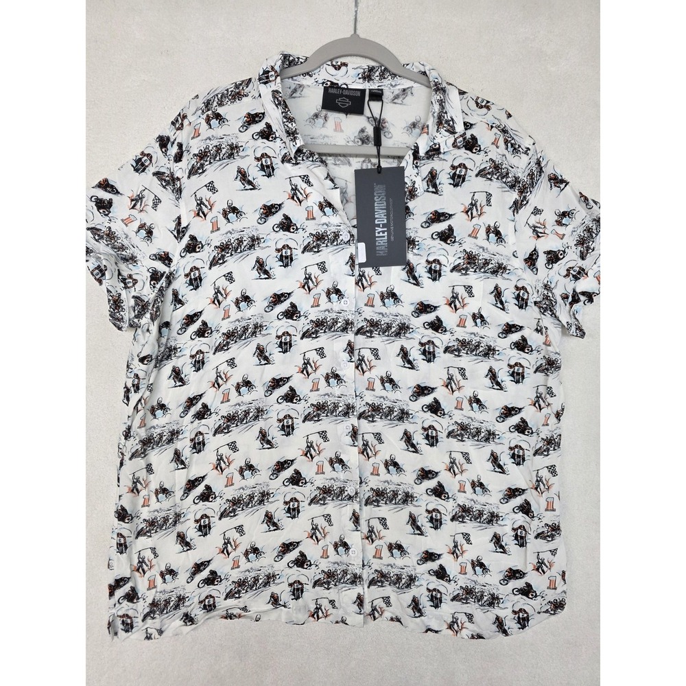 Harley-Davidson Shirt Womens 2XL White‎ Aloha Print Button Up Motorcycle Racing